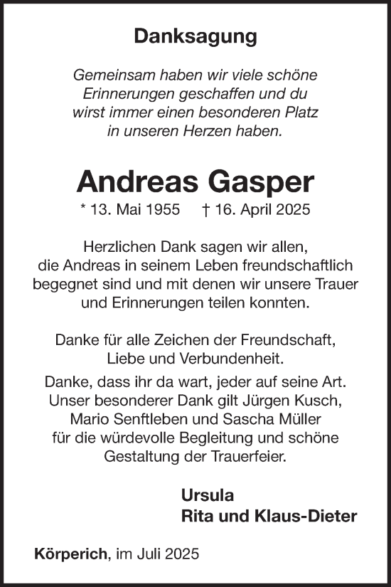Traueranzeige von Andreas Gasper von WochenSpiegel