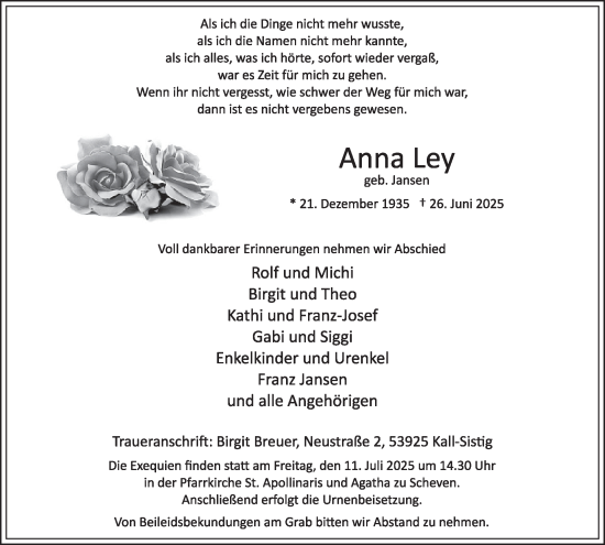 Traueranzeige von Anna Ley von WochenSpiegel