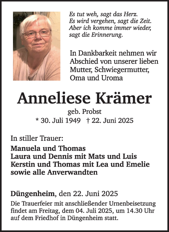 Traueranzeige von Anneliese Krämer von WochenSpiegel