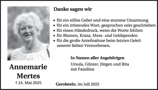 Traueranzeige von Annemarie Mertes von WochenSpiegel