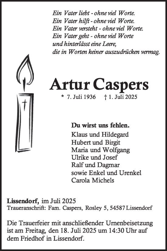 Traueranzeige von Artur Caspers von WochenSpiegel