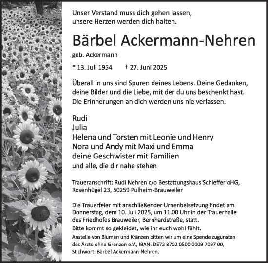 Traueranzeige von Bärbel Ackermann-Nehren von WochenSpiegel