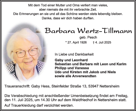 Traueranzeige von Barbara Wertz-Tillmann von WochenSpiegel
