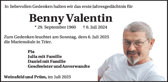Traueranzeige von Benny Valentin von WochenSpiegel