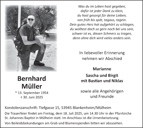 Traueranzeige von Bernhard Müller von WochenSpiegel