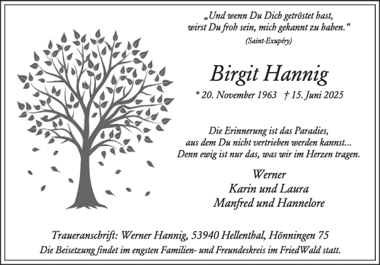 Traueranzeige von Birgit Hannig von WochenSpiegel