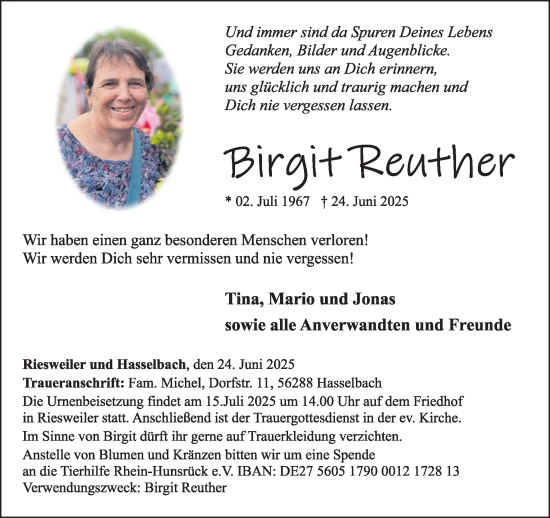 Traueranzeige von Birgit Reuther von WochenSpiegel
