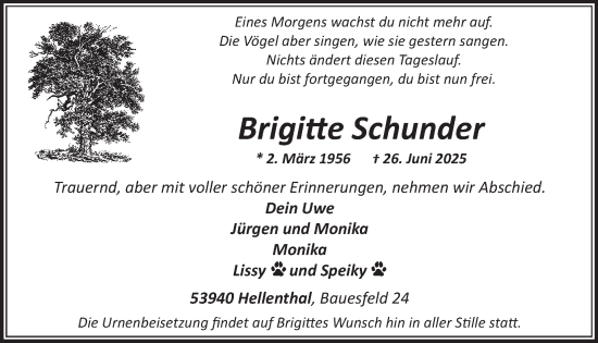 Traueranzeige von Brigitte Schunder von WochenSpiegel