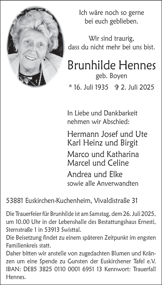 Traueranzeige von Brunhilde Hennes von WochenSpiegel
