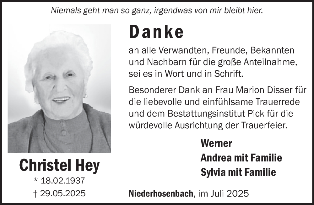  Traueranzeige für Christel Hey vom 26.07.2025 aus WochenSpiegel