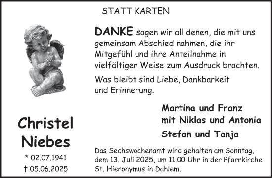 Traueranzeige von Christel Niebes von WochenSpiegel
