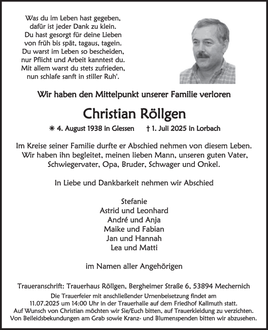 Traueranzeige von Christian Röllgen von WochenSpiegel