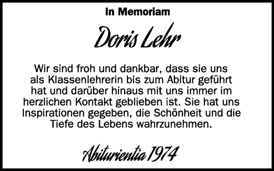 Traueranzeige von Doris Lehr von WochenSpiegel