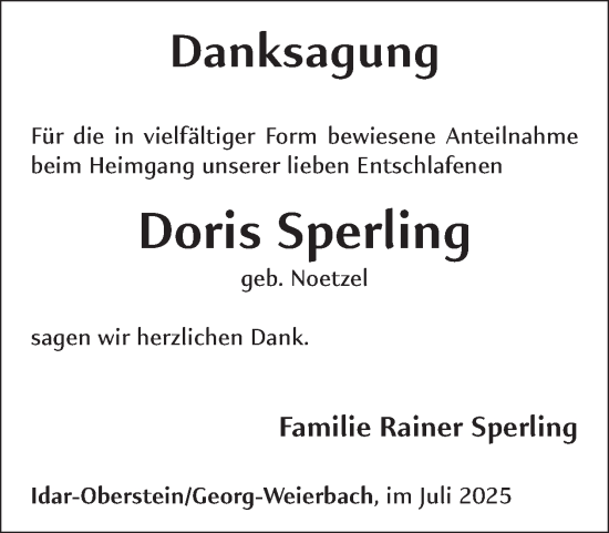 Traueranzeige von Doris Sperling von WochenSpiegel