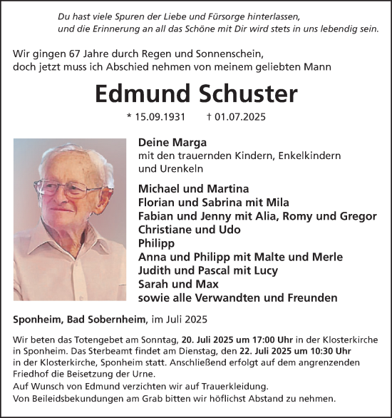 Traueranzeige von Edmund Schuster von WochenSpiegel