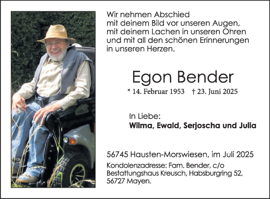 Traueranzeige von Egon Bender von WochenSpiegel