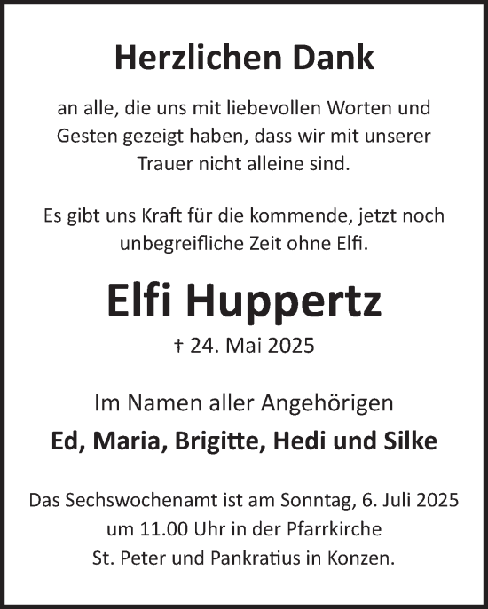 Traueranzeige von Elfi Huppertz von WochenSpiegel