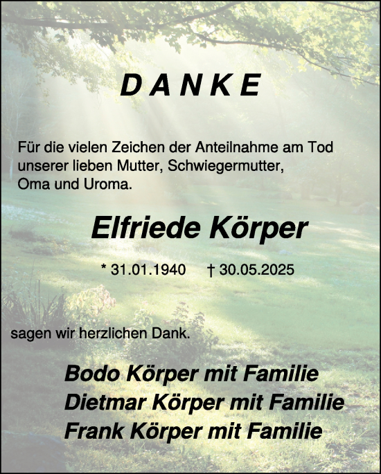 Traueranzeige von Elfriede Körper von WochenSpiegel