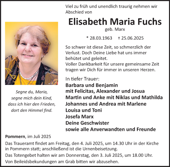 Traueranzeige von Elisabeth Maria Fuchs von WochenSpiegel