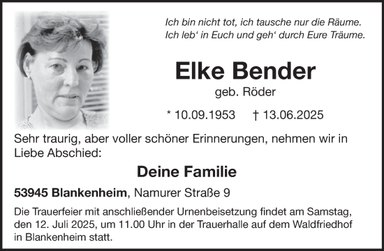 Traueranzeige von Elke Bender von WochenSpiegel