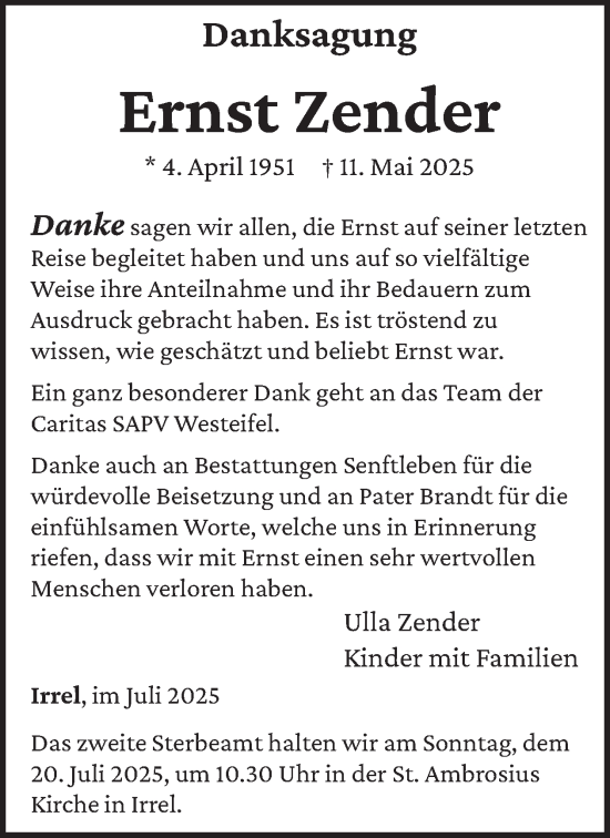 Traueranzeige von Ernst Zender von WochenSpiegel