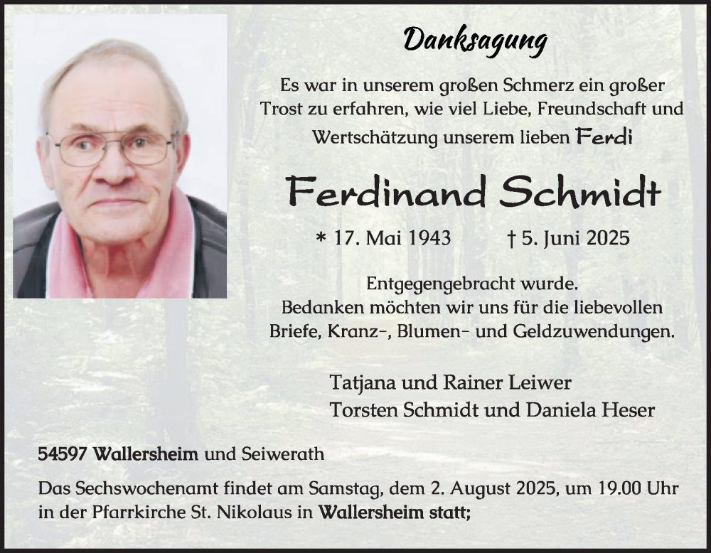  Traueranzeige für Ferdinand Schmidt vom 25.07.2025 aus WochenSpiegel