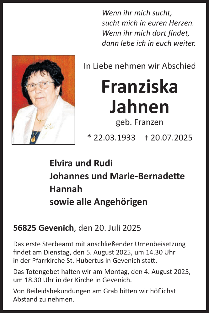  Traueranzeige für Franziska Jahnen vom 30.07.2025 aus WochenSpiegel
