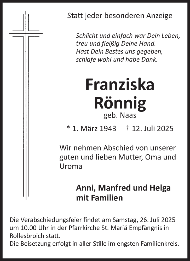  Traueranzeige für Franziska Rönnig vom 23.07.2025 aus WochenSpiegel