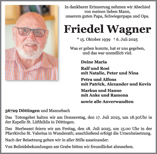Traueranzeige von Friedel Wagner von WochenSpiegel