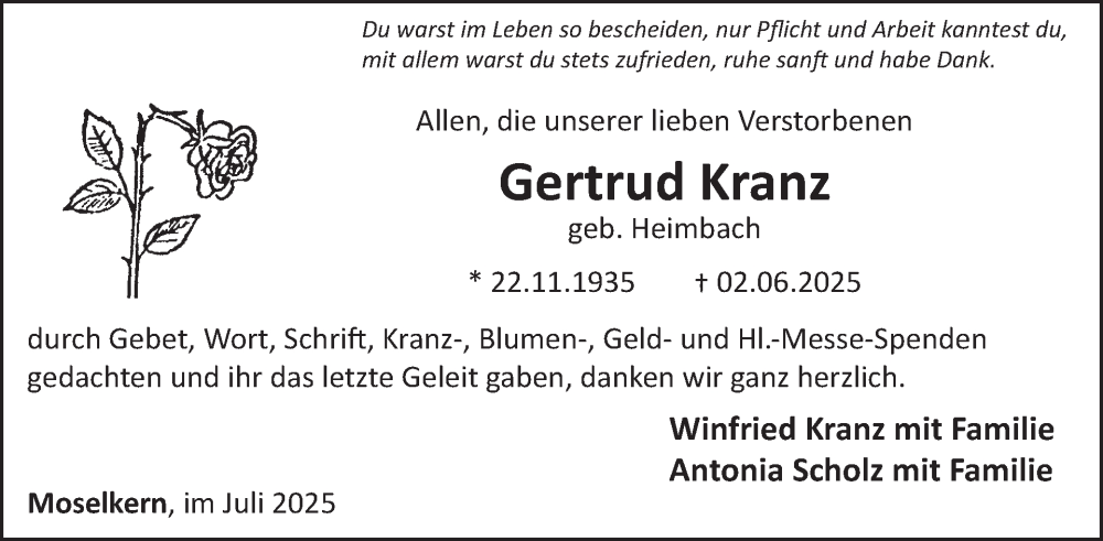  Traueranzeige für Gertrud Kranz vom 16.07.2025 aus WochenSpiegel