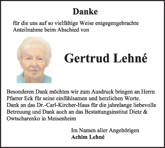 Traueranzeige von Gertrud Lehné von WochenSpiegel