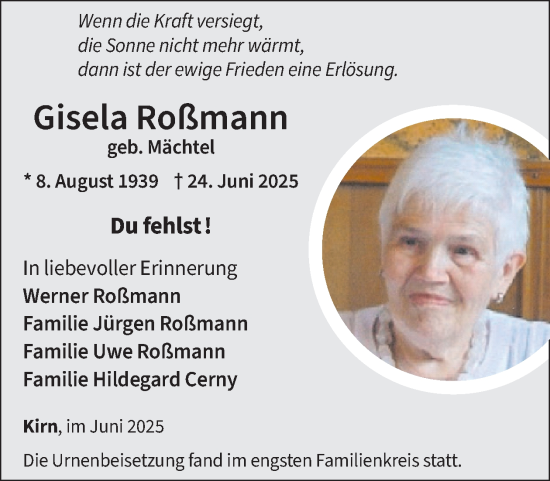 Traueranzeige von Gisela Roßmann von WochenSpiegel