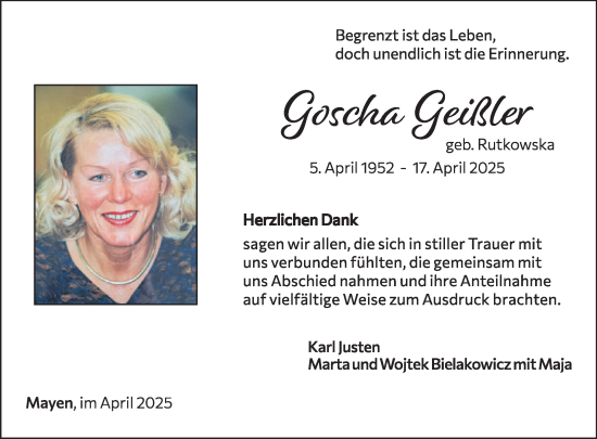 Traueranzeige von Gosche Geißler von WochenSpiegel