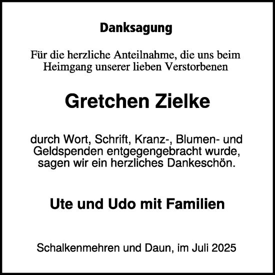 Traueranzeige von Gretchen Zielke von WochenSpiegel