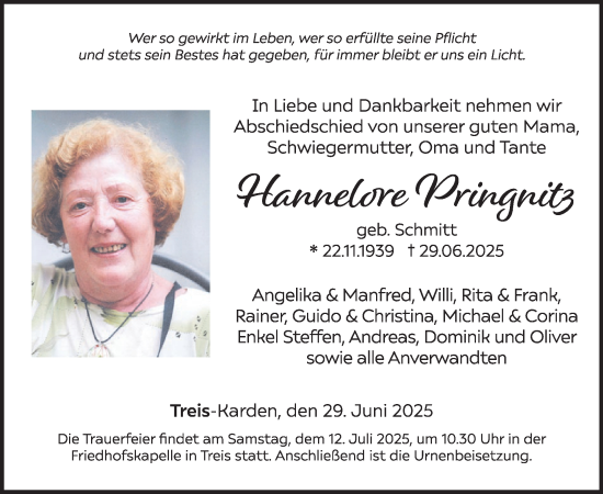 Traueranzeige von Hannelore Pringnitz von WochenSpiegel