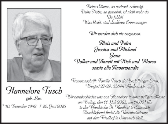 Traueranzeige von Hannelore Tusch von WochenSpiegel