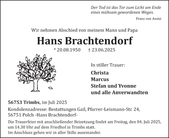 Traueranzeige von Hans Brachtendorf von WochenSpiegel