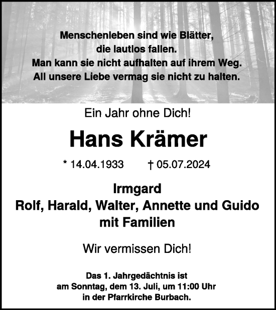 Traueranzeige von Hans Krämer von WochenSpiegel