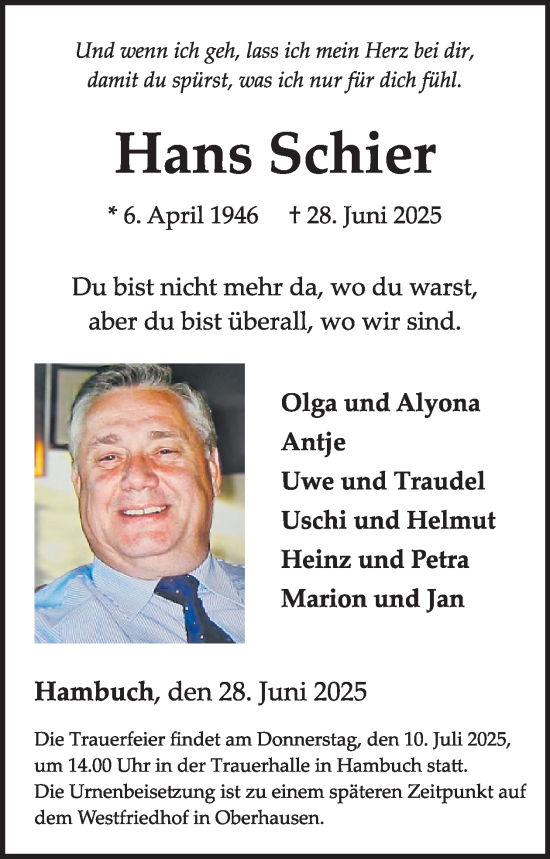 Traueranzeige von Hans Schier von WochenSpiegel