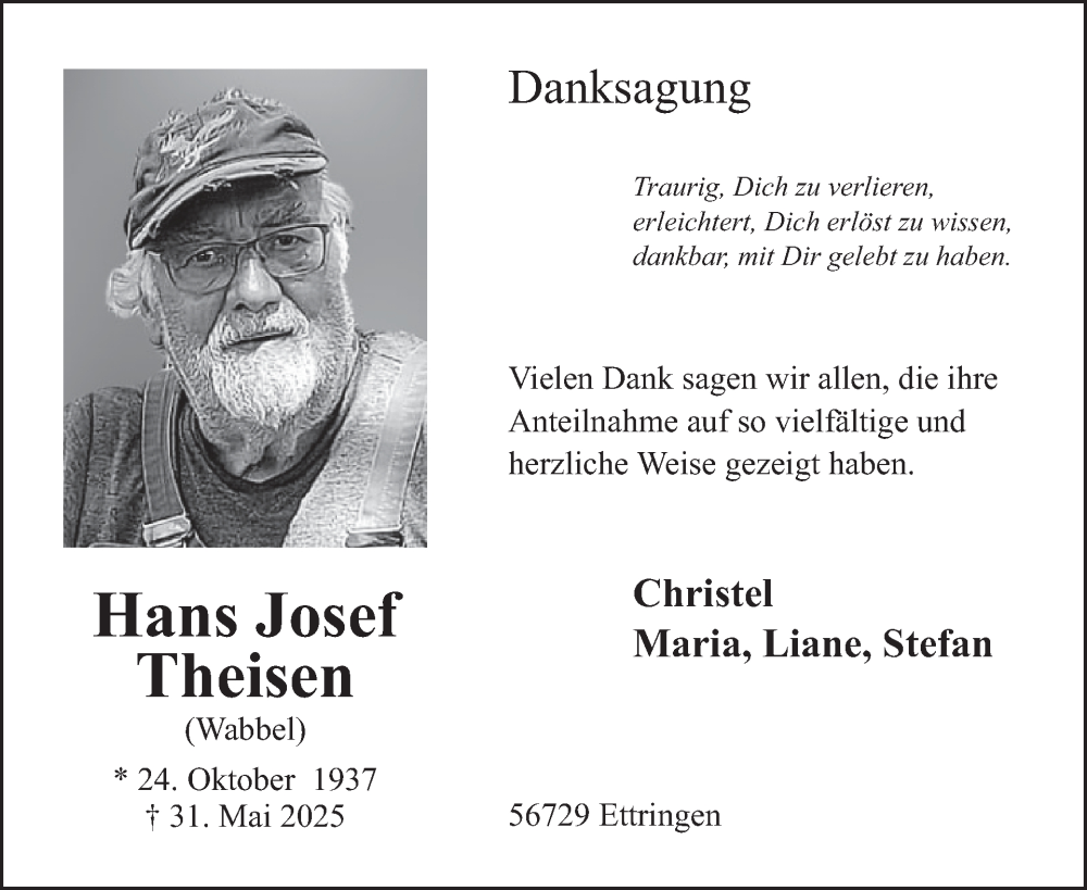  Traueranzeige für Hans Josef Theisen vom 02.07.2025 aus WochenSpiegel