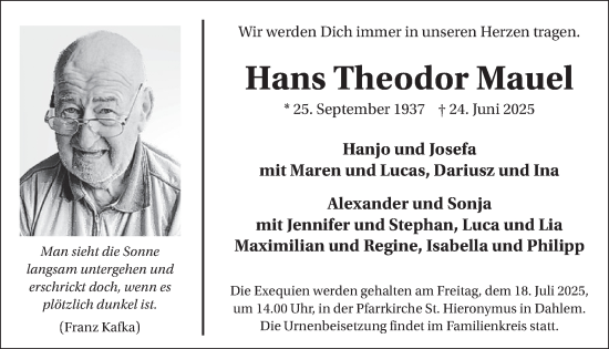 Traueranzeige von Hans Theodor Mauel von WochenSpiegel