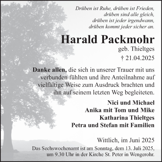 Traueranzeige von Harald Packmohr von WochenSpiegel