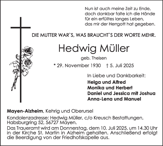 Traueranzeige von Hedwig Müller von WochenSpiegel