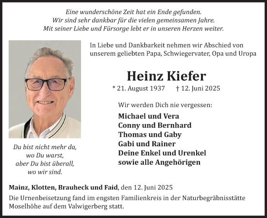 Traueranzeige von Heinz Kiefer von WochenSpiegel
