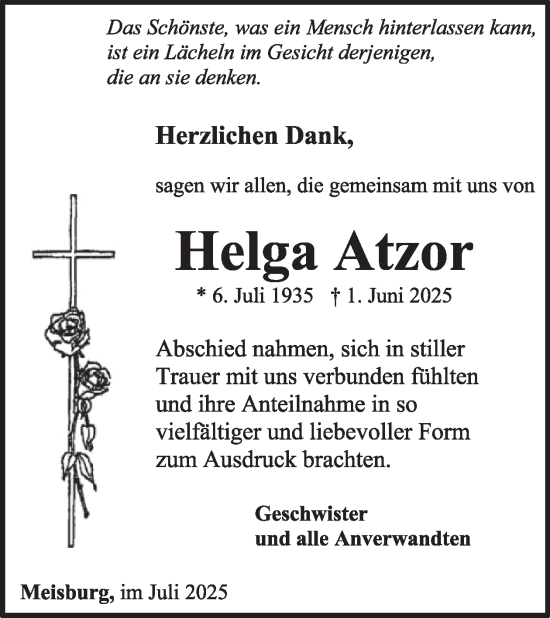 Traueranzeige von Helga Atzor von WochenSpiegel