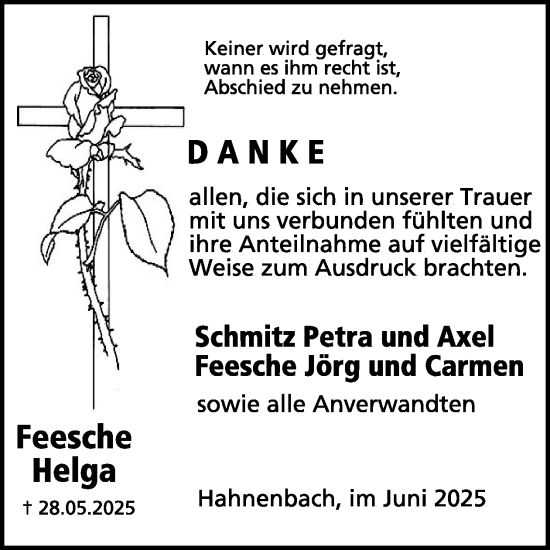 Traueranzeige von Helga Feesche von WochenSpiegel