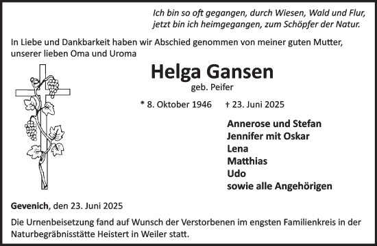 Traueranzeige von Helga Gansen von WochenSpiegel