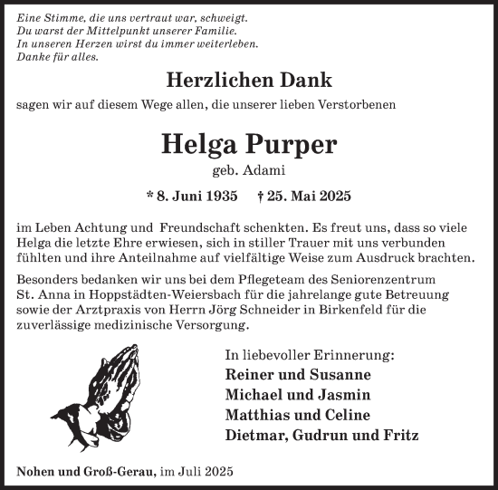 Traueranzeige von Helga Purper von WochenSpiegel