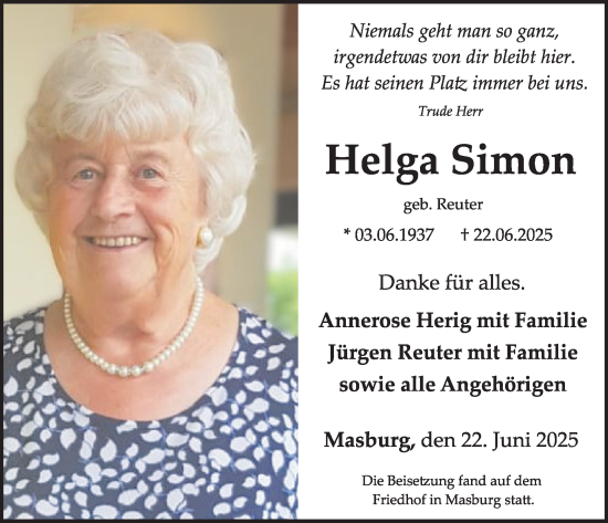 Traueranzeige von Helga Simon von WochenSpiegel