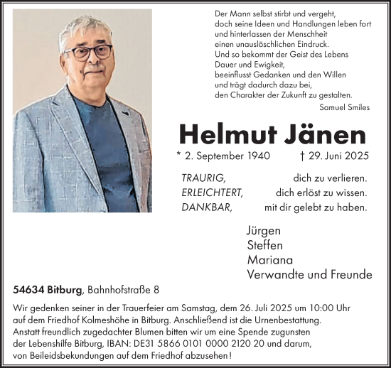 Traueranzeige von Helmut Jänen von WochenSpiegel